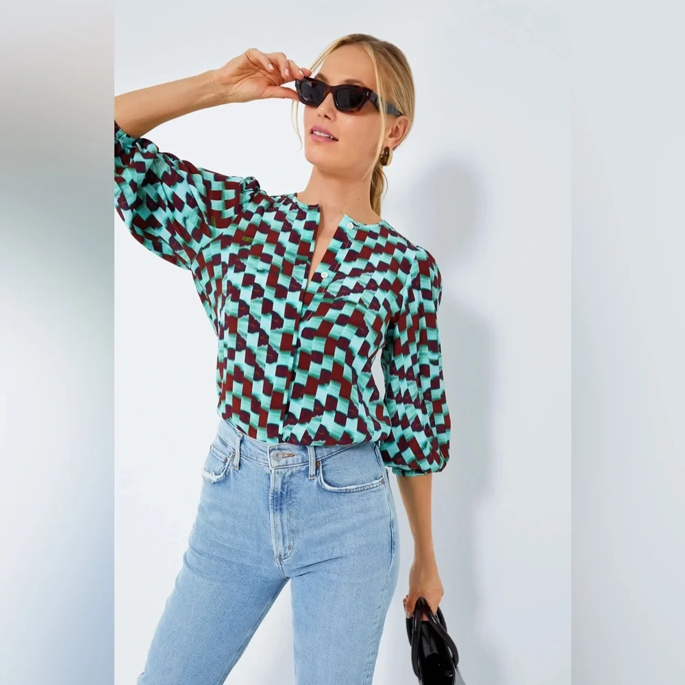 Hunter Bell Subway Tile Finley Blouse Multi Print Women's Top Size XS - Picture 9 of 9